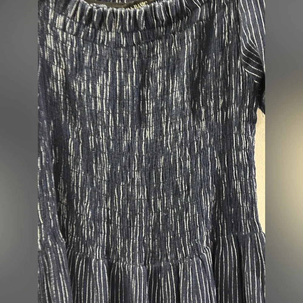 Zara striped off the shoulder dress Blue White ruched elastic top Midi Length Sm - Image 6