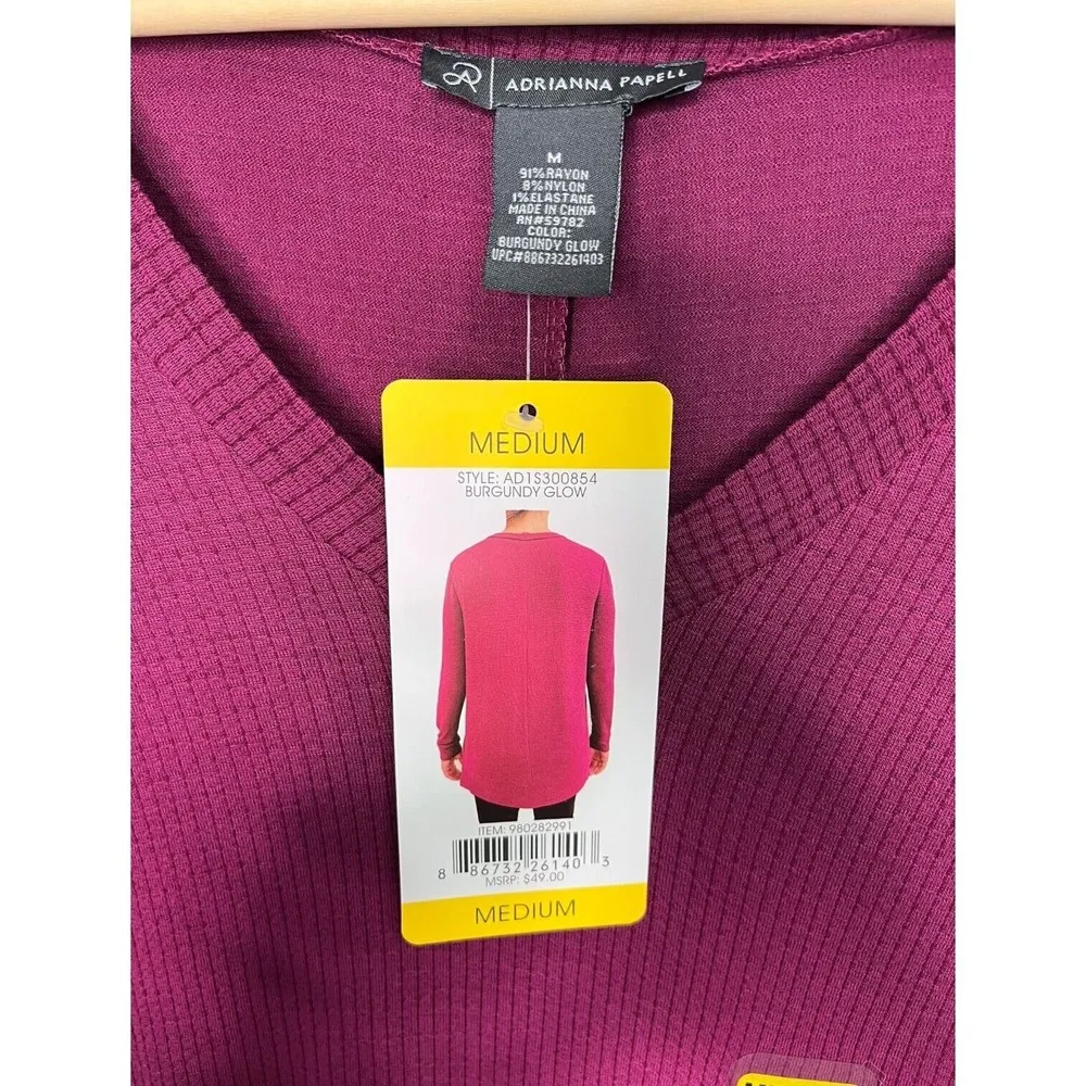 New Adrianna Papell Womens M V Neck Long Sleeve Textured Tunic Burgundy Glow - Image 10