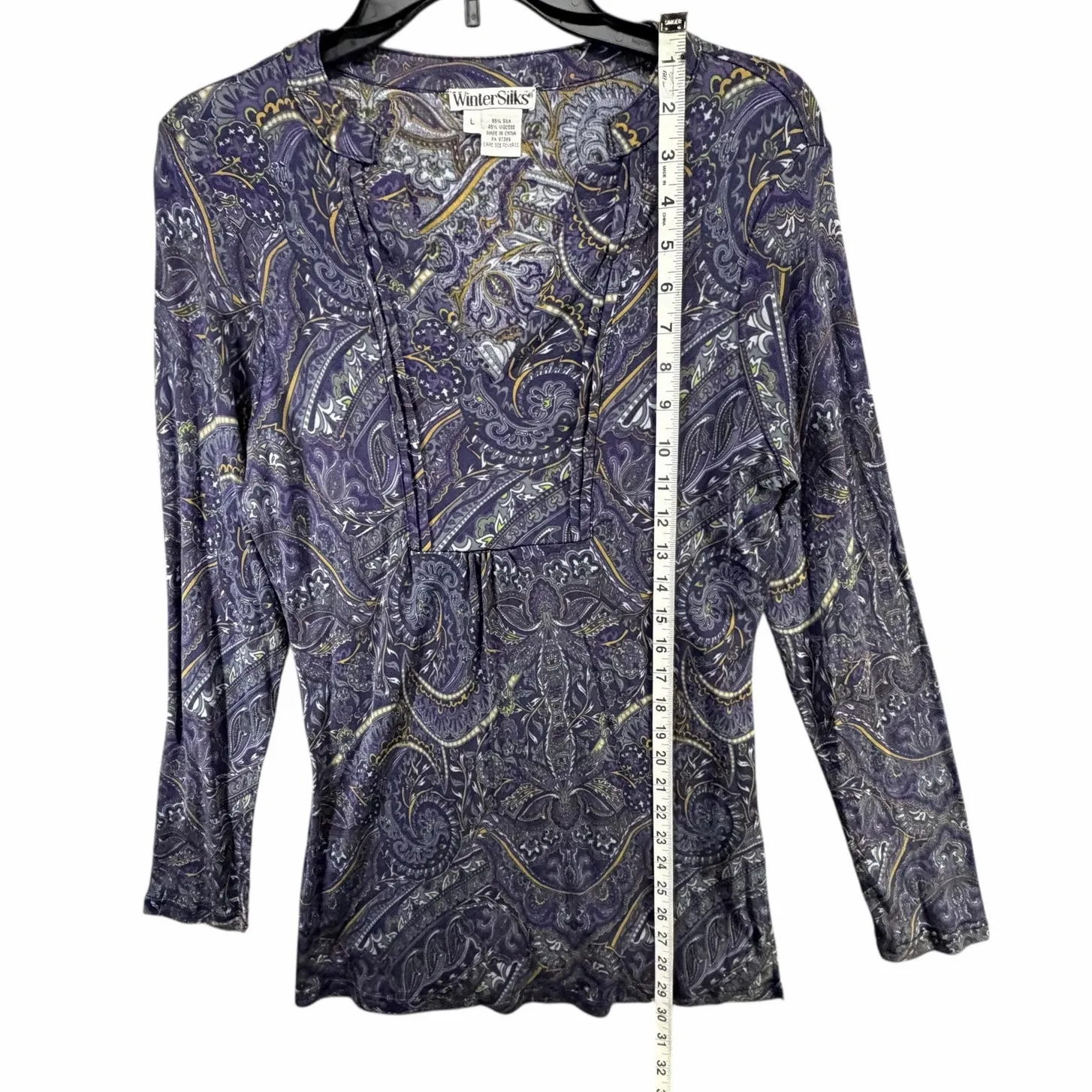 Winter Silks Y2K Babydoll Top L Purple Paisley Silk Blend Feminine Boho Blouse Size L - Image 9