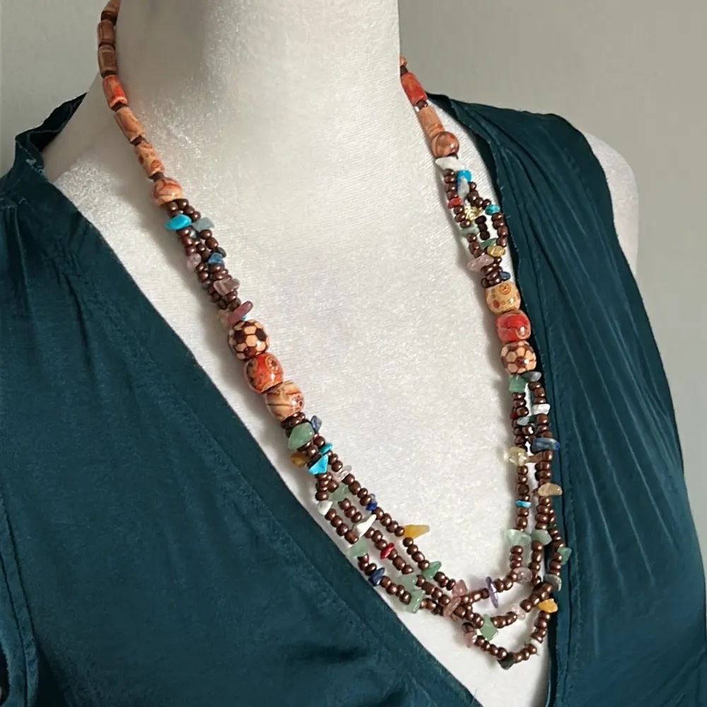 One of a kind Artisan Handcrafted Boho Wood Multicolor Chip Gemstone Jewelry Brown - Image 3