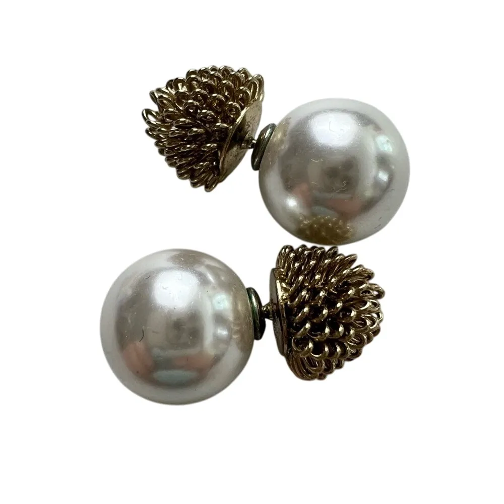 Faux Pearl Earrings Gold Tone Flower Button Ball Stud Statement Earrings - Image 4