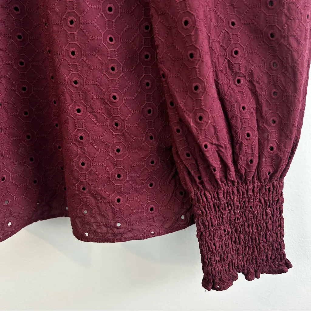 Veronica Beard Gaia Smocked Cotton Eyelet High Neck Merlot Burgundy Top Size 6 - Image 12