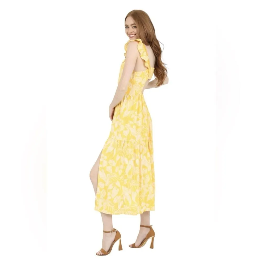 Angie Midi Dress Cap Sleeve Tiered Skirt Yellow Floral Open Back Womens Large - Image 3