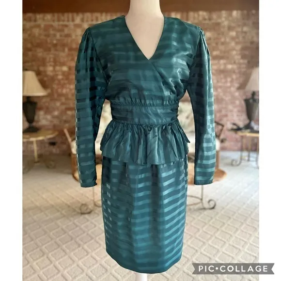 Albert Nipon Skirt Set Vintage 80’s Teal Satin Top& Peplum Skirt 6 Cocktail Chic Blue - Image 2
