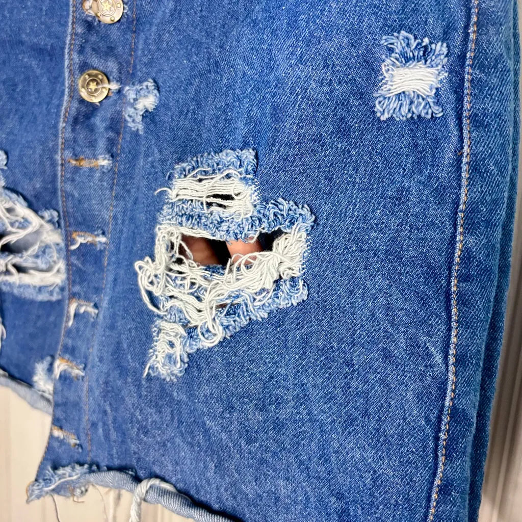 Mini skirt Distressed Denim Button Front Small Embellished Pockets Blue Size XS - Image 4