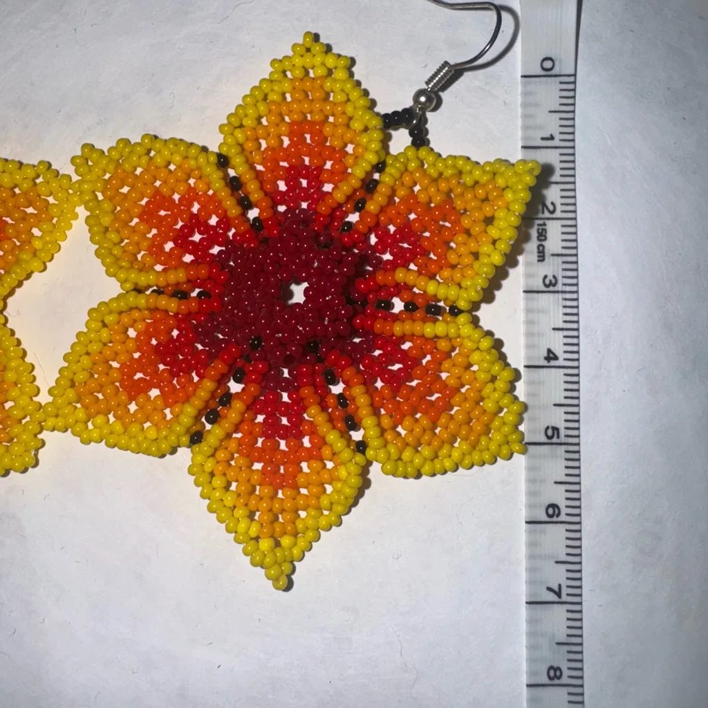 Floral Beaded Earrings in Red and Yellow - Image 3