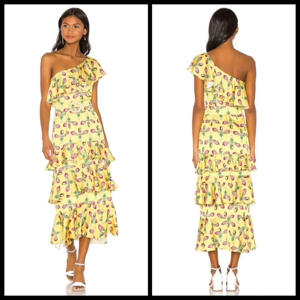 💕PATBO💕 One Shoulder Tiered Ruffle Midi Dress ~ Bright Yellow Print 8 NWT - Image 3