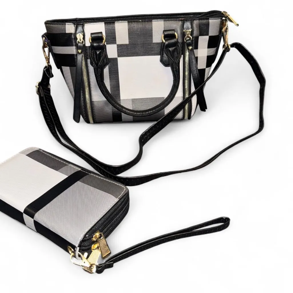 Black & White Plaid Purse & Wallet Set – Gold Tone Accents - Image 2