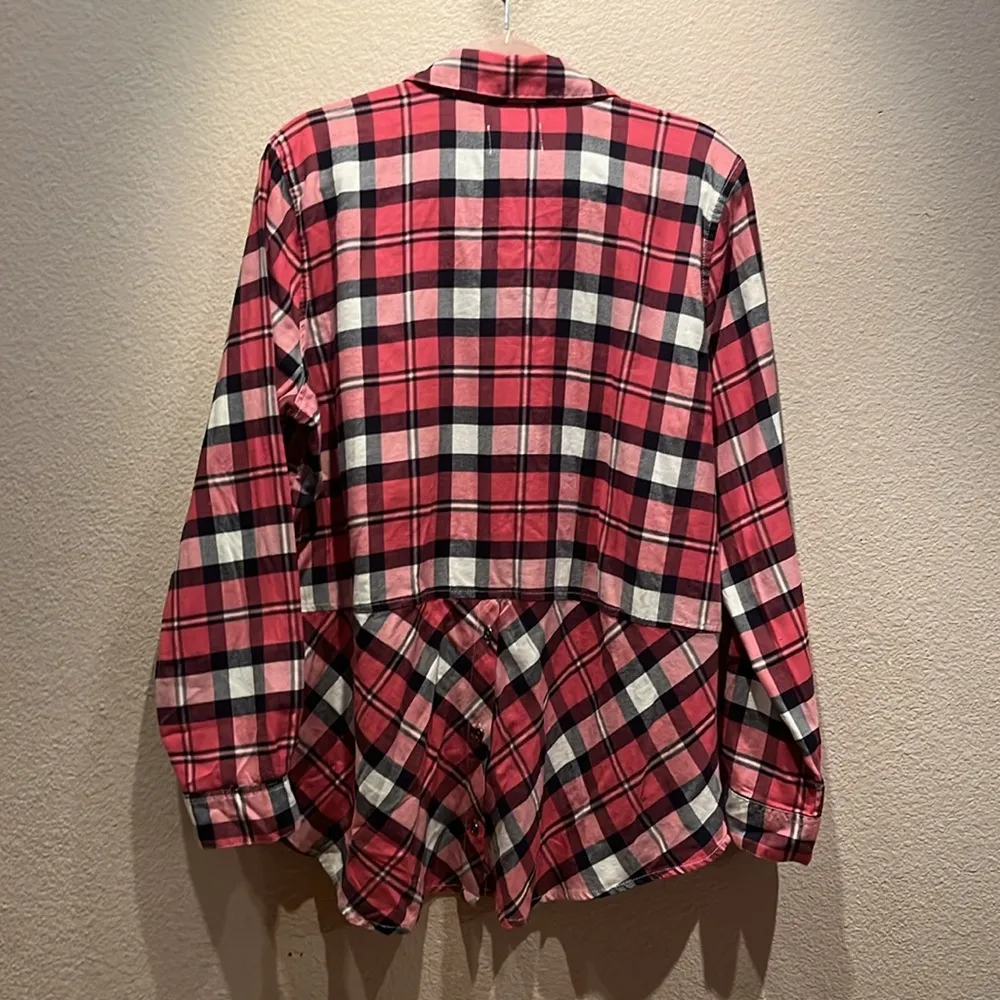 New G.H. Bass Women’s XL Tunic Style Flannel Button Down Shirt Pink Navy Size XL Blue - Image 8