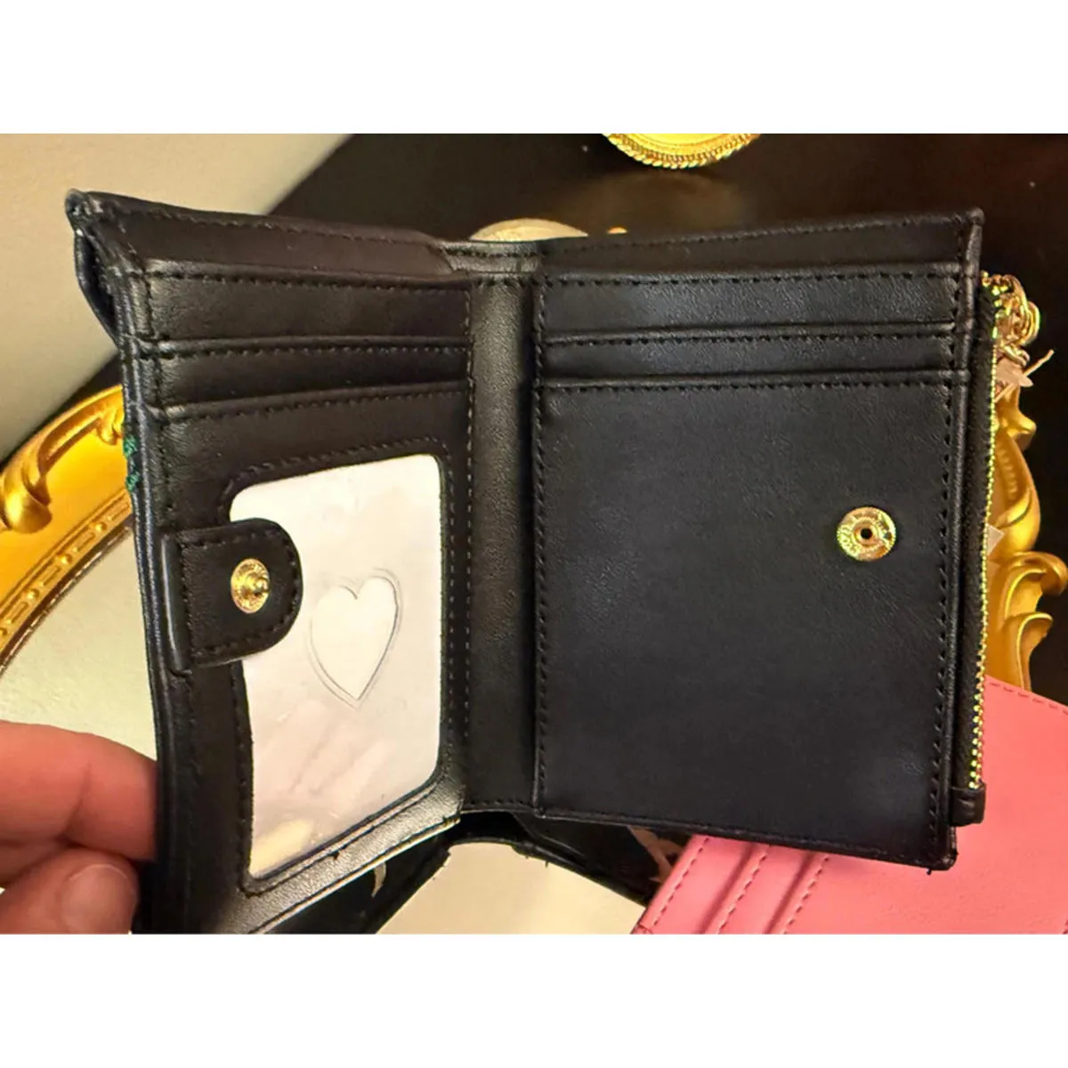 Betsey Johnson Black Zip Wallet Coin Pouch Gold Chain Heart Print NWT - Image 5