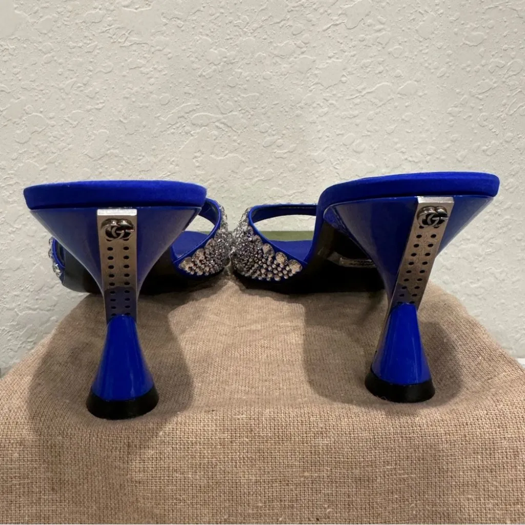 GUCCI Galactica Satin Crystal 65mm Slide Blue Sandals Size 37 NIB - Image 6