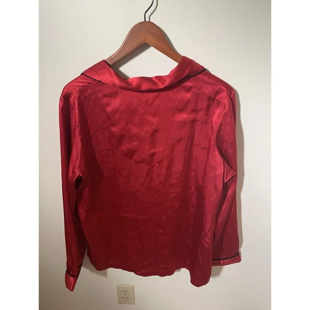 Vintage Pink by KMart 2 Piece Satin Pajama Set Womens Large Red Embroider Pocket - Image 4