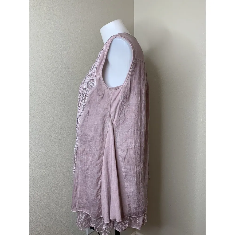 Pink Embroidered Sleeveless Long Blouse Short Dress Sz S Linen Bld - Image 4