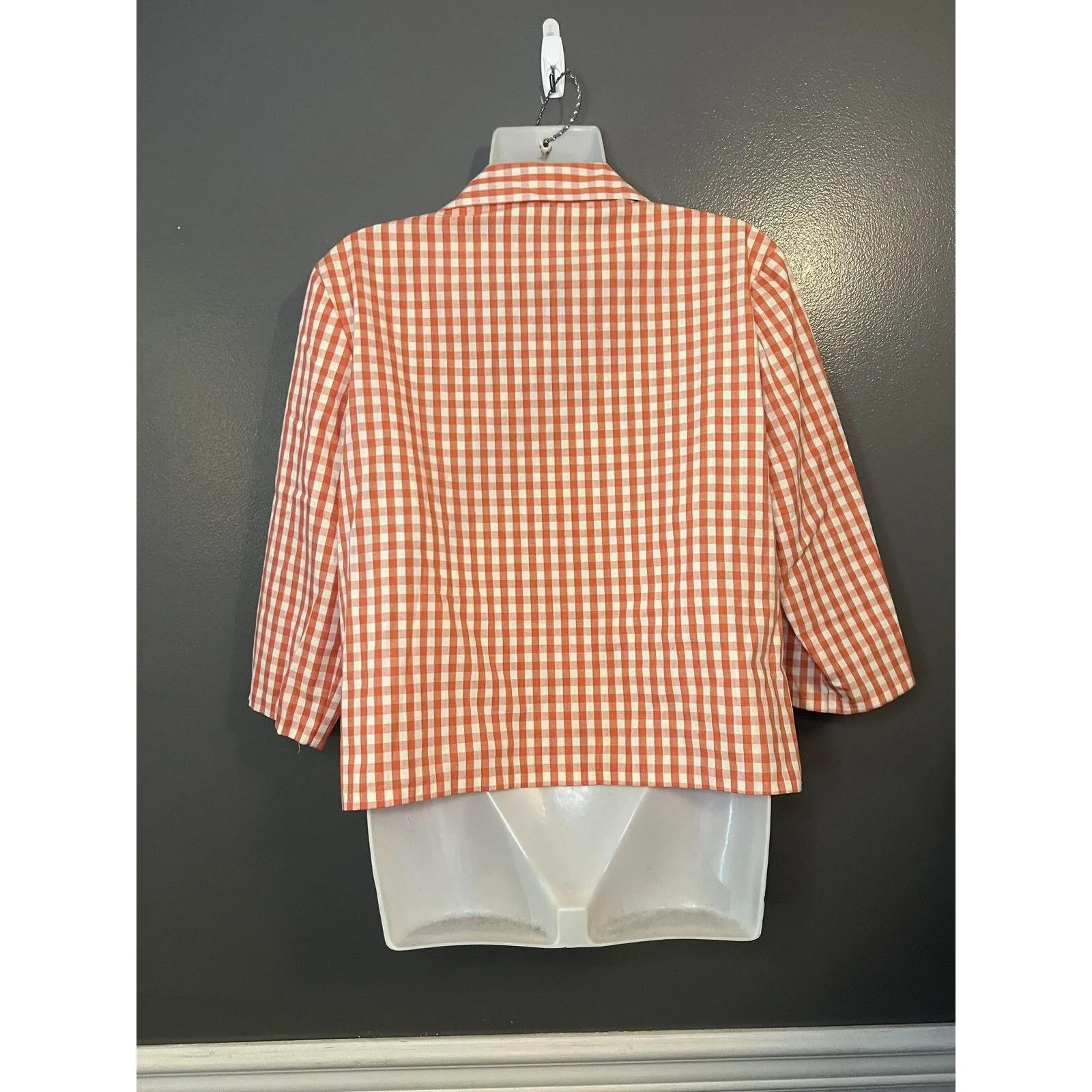 Gingham Check Jacket Womens Medium Orange White 3/4 Sleeve Cropped Button Front - Image 4