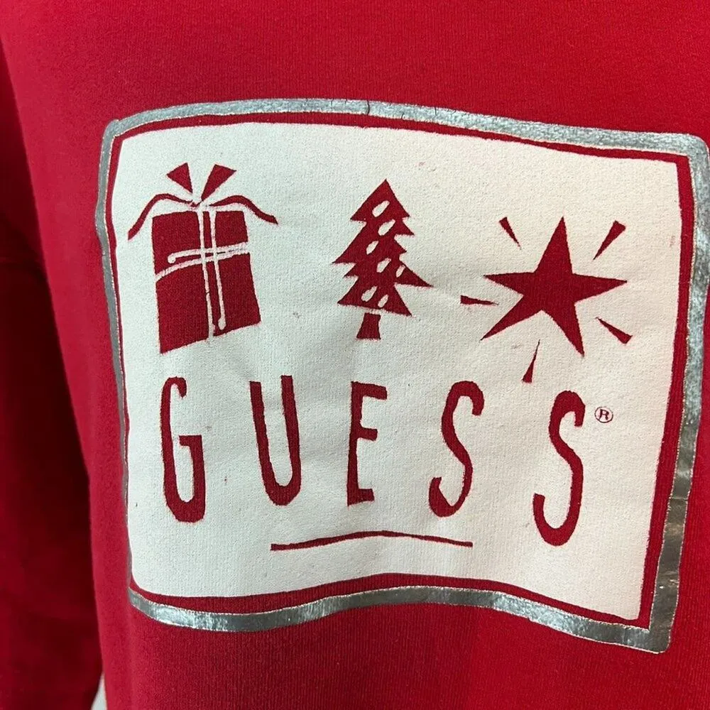 Vintage Guess Red Holiday Graphic Pullover Sweatshirt One Size - Image 2