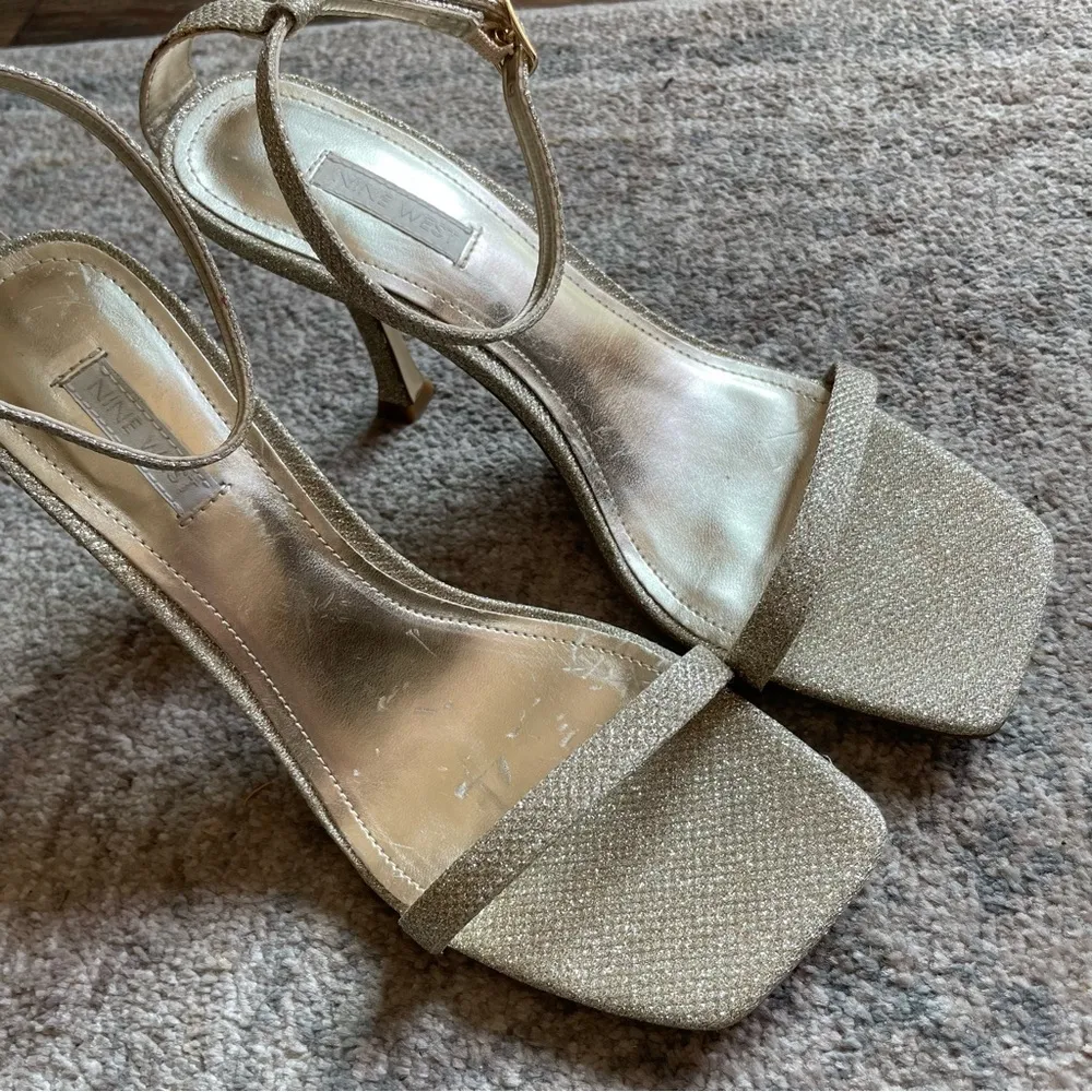 Vintage Nine West Gold Glitter Square Toe Ankle Strap Nudist Prom Wedding Heel 8 - Image 2