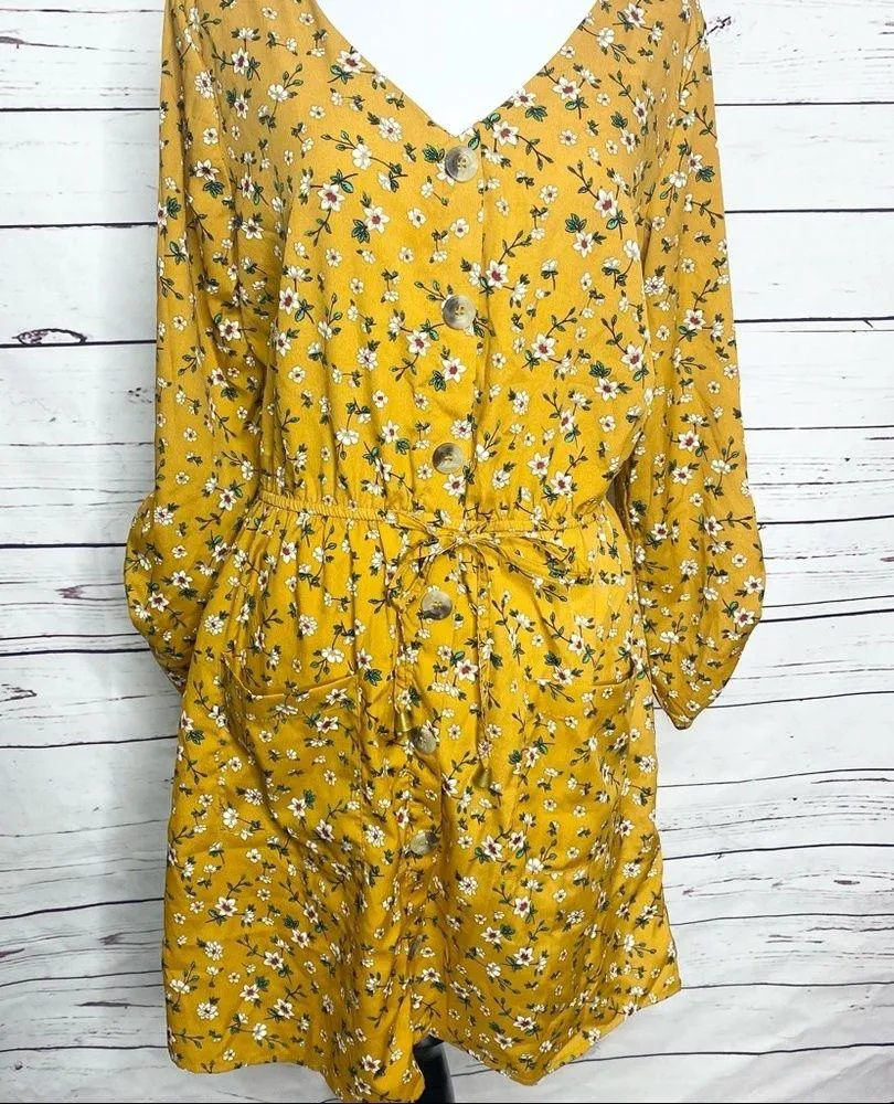 Hint of Blush Mustard Yellow Spring Summer Granny Floral Casual Dress Size Large - Image 10
