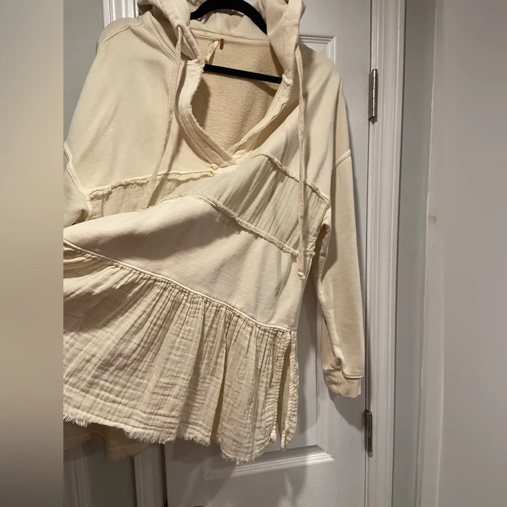Free People  Size L Cream Oversized Hoodie Boho Mixed Fabric Raw Hem Pullover - Image 4