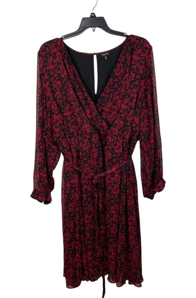 Torrid Midi Crinkle Chiffon Surplice Balloon Sleeve Dress Plus Size 5X Red Black - Image 2