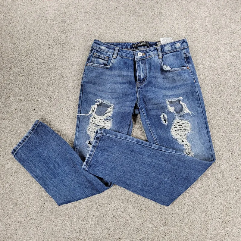 Zara Trafaluc Jeans Womens 4 Blue Mid Wash Distressed Denim‎ Straight Slim - Image 14