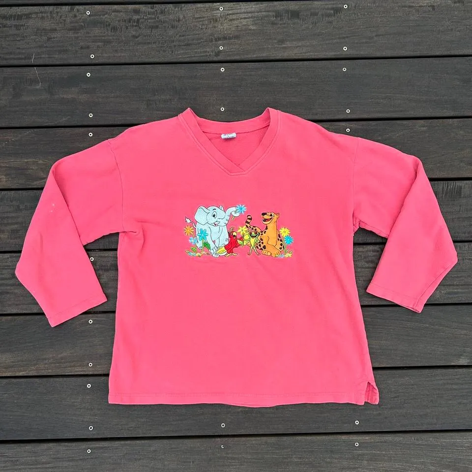 Vintage Pink Rainforest Café Sweatshirt w/ Embroidered Cartoon Animals Size L - Image 1
