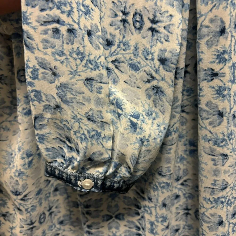 Women's Long Sleeve Sheer Boho Floral Print Blouse Size Medium Blue - Image 7