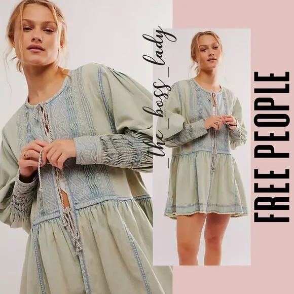 Free People mini dress denim or jacket pleated cover-up cotton linen blend - Image 8