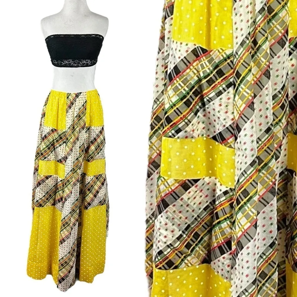 Vintage 70s Chessa Davis Bohemian Prairie Patchwork Maxi Skirt Small Medium Yellow - Image 3