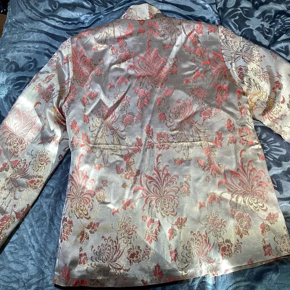 Pink Satin Style Floral Mandarin Collar Thick Jacket Small - Image 15