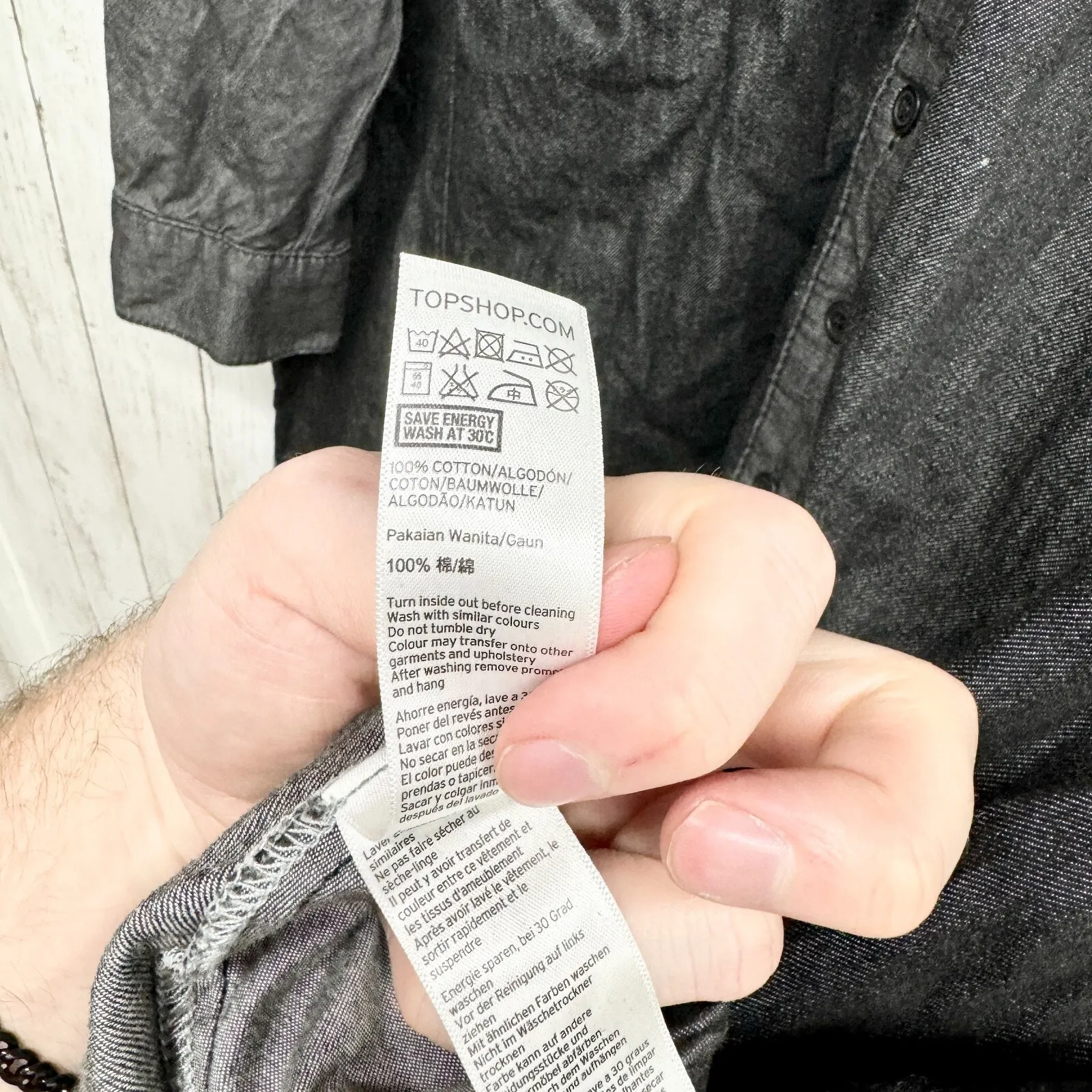 TopShop Boutique Jacket Women Sz 2 Black Gray Denim Patchwork Long Button Down - Image 6