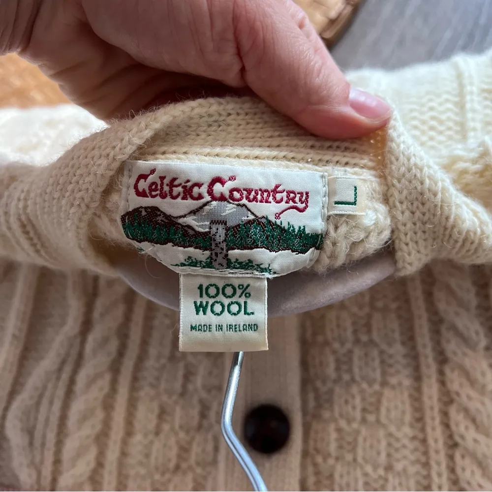 Vintage Celtic country ireland wool fisherman chunky cardigan sweater cream Size L - Image 4