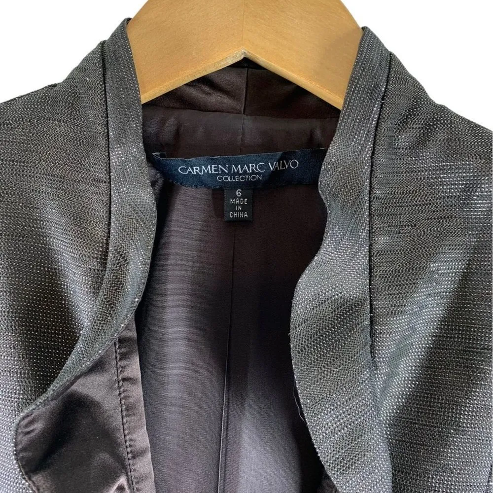 CARMEN MARC VALVO Brown Metallic Ruffle Evening Blazer Size 6 Jacket - Image 3