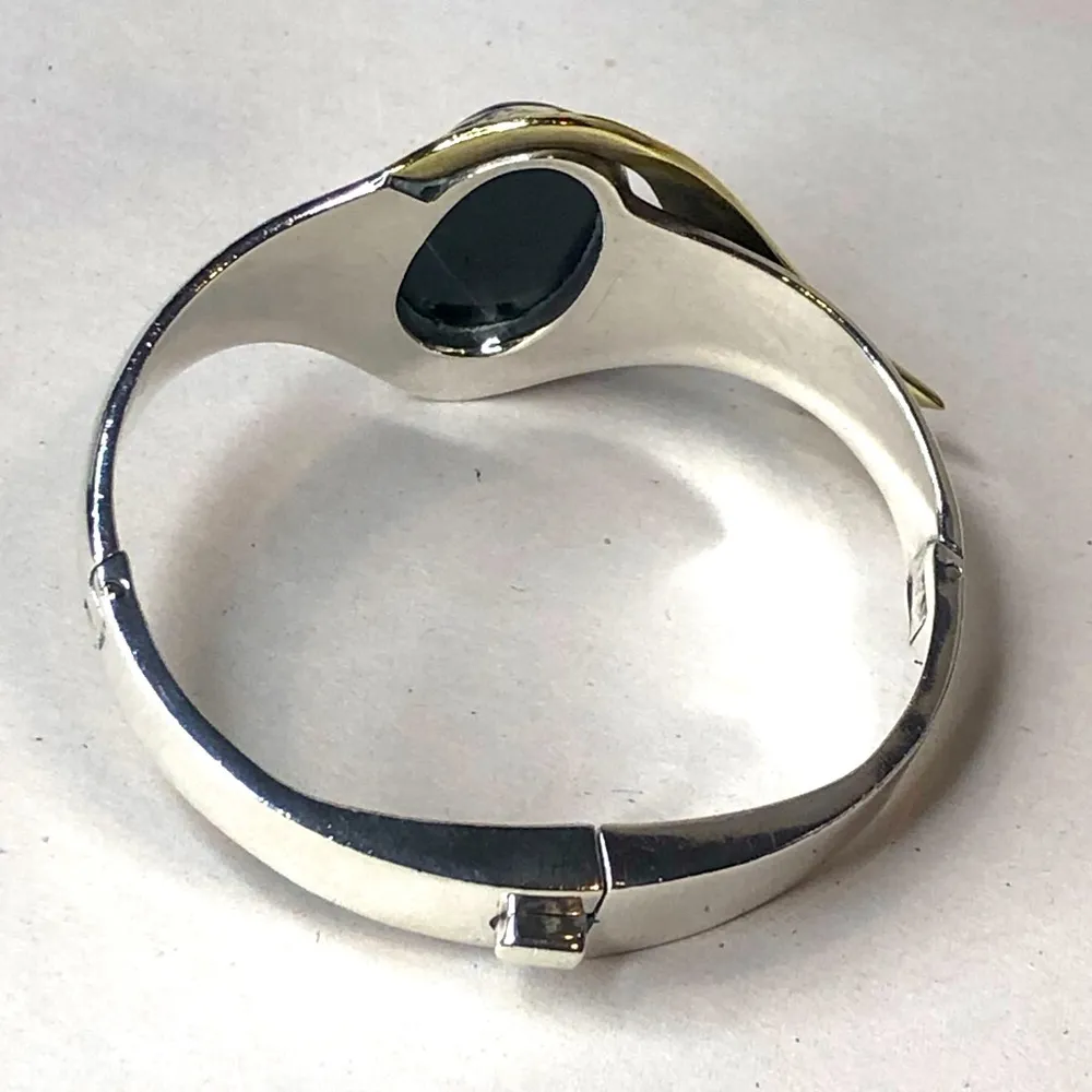 TAXCO Sterling Silver Brass Two Tone Bangle Bracelet w/ Black Onyx Cabochon - Image 5