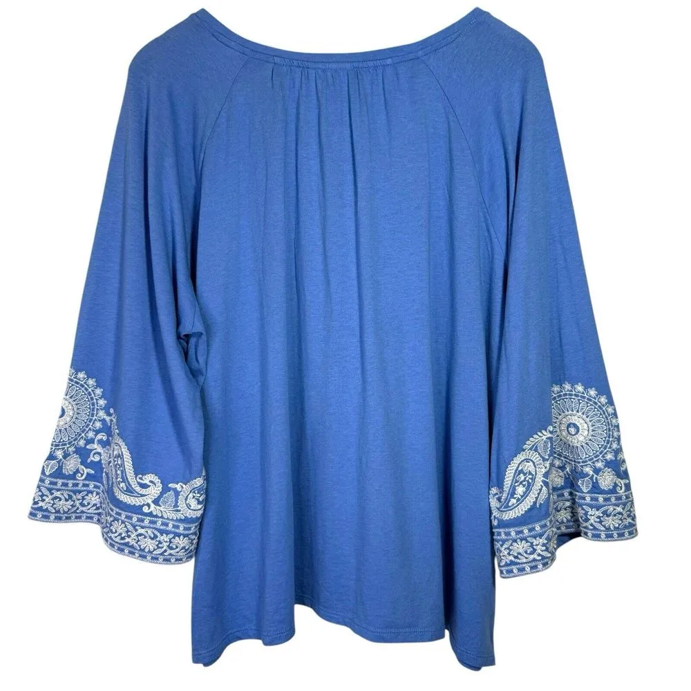 J. Jill Embroidered‎ Blue Blouse | Women's 2X | Cotton Modal Top | Wide Sleeve Size XXL - Image 6
