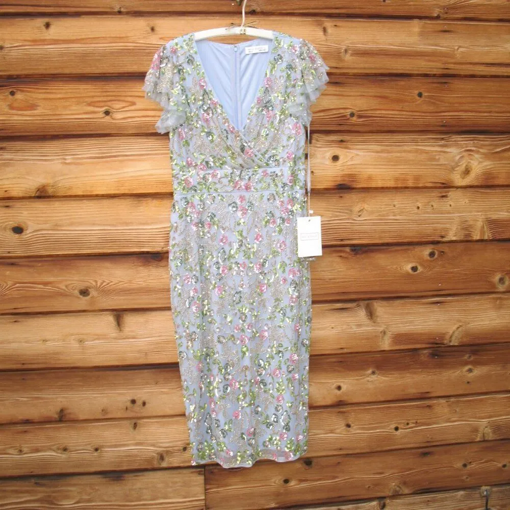 Mac Duggal 5722 Womens Blue FLORAL EMBELLISHED FLUTTER CAP SLEEVE DRESS - Image 8