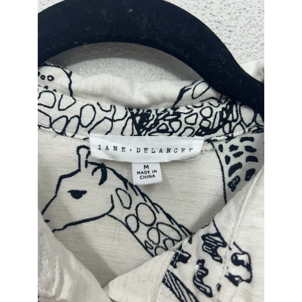 Jane + Delancey Giraffe Print Shirt Beige Linen Blend Button Down Jungle Safari White Size M - Image 3