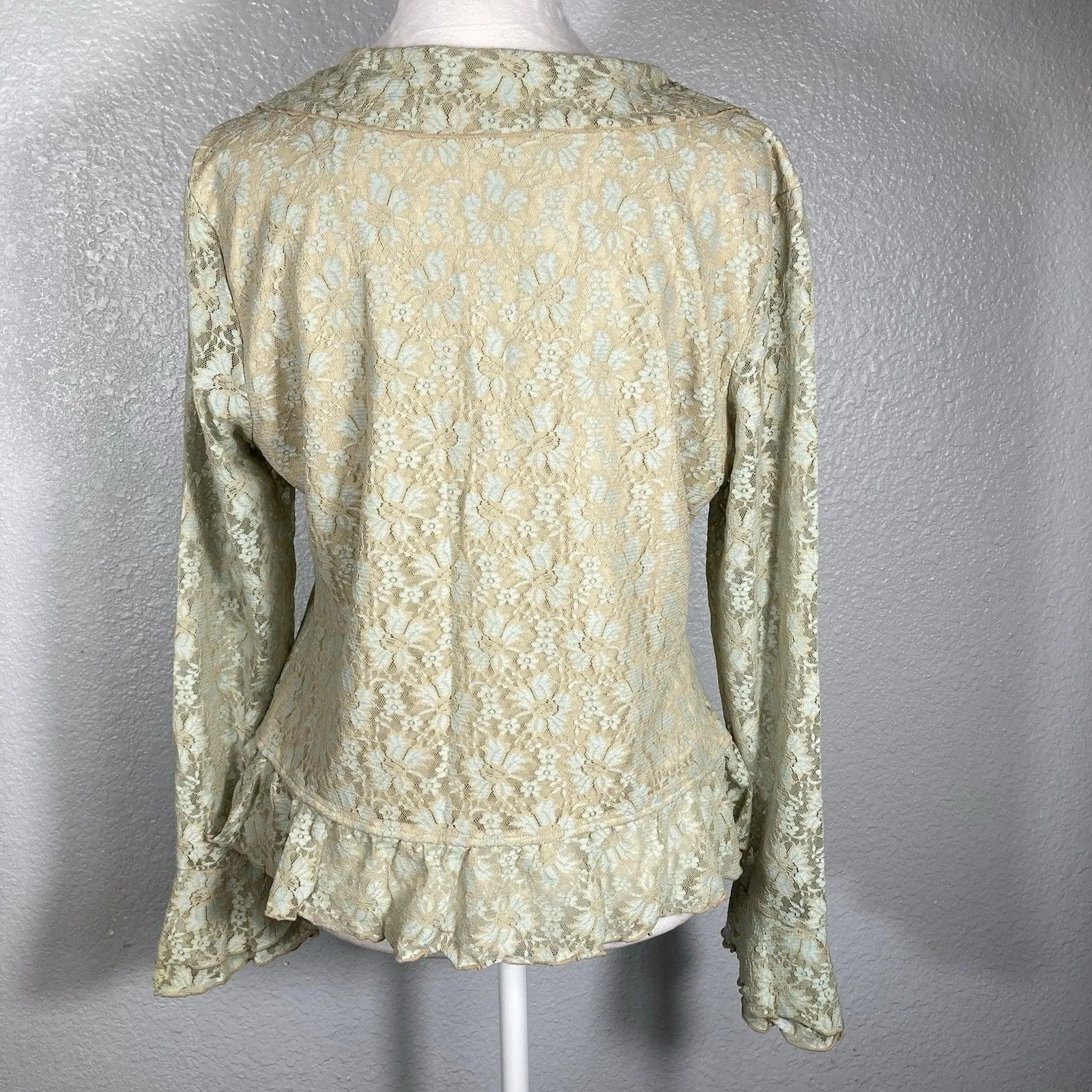 Womens Cream Top L Floral Lace Victorian Blouse Ruffles Sheer Whimsical Fairy - Image 6