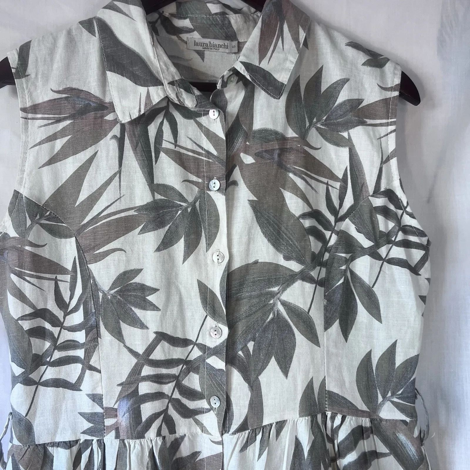 Laura Bianchi 100% Linen Shirt Dress Sleeveless Button Front‎ Palm Leaf Size S - Image 7