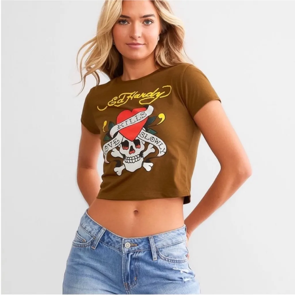 Ed Hardy Brown Tee with Love Kills Graphic - Image 2