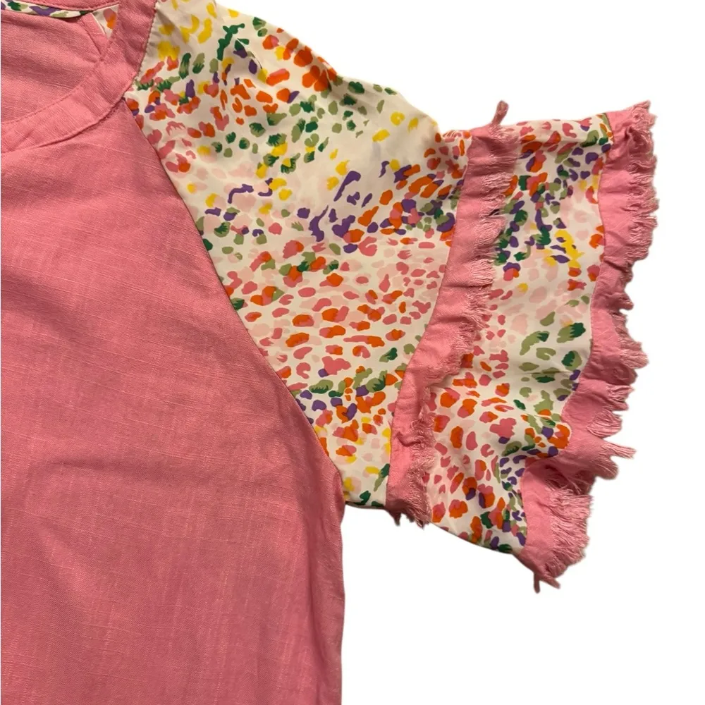 Umgee Blouse Womens 1XL Short Sleeve Pink Frayed Ruffled Cheetah Top Boho.   C42 - Image 4