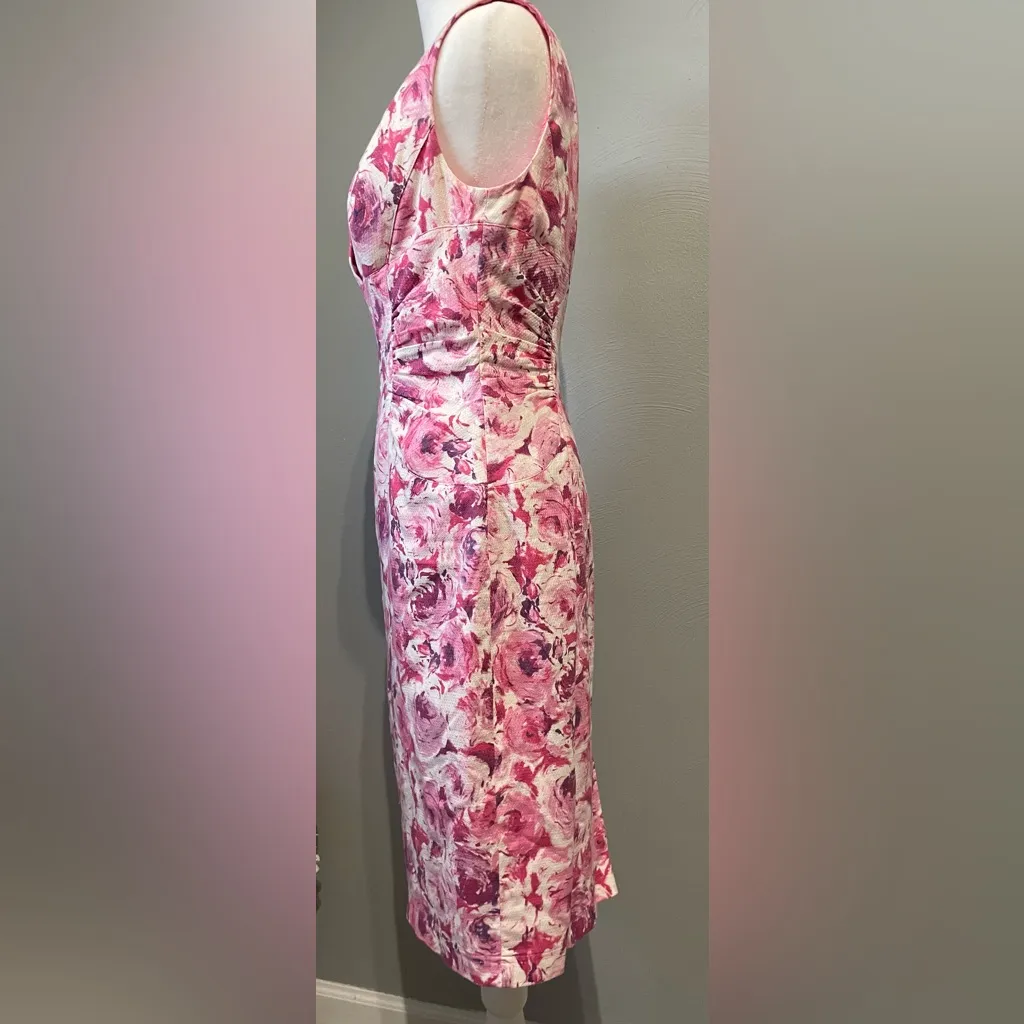 Adrianna Papell Pink Rose Floral Sheath Dress Sleeveless V-Neck Pleated - Image 3