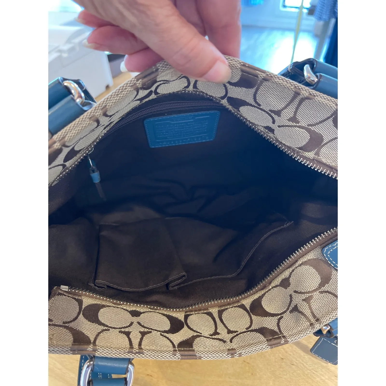 Coach‎ Signature Brown Tan Canvas Leather Trim Tote Bag Purse Handbag - Image 6