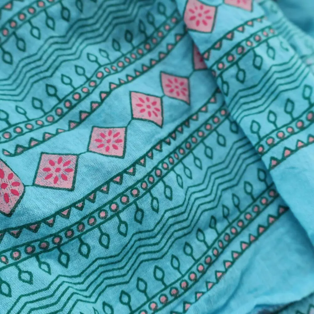 Blue Hand Painted Chevron Scarf Wrap Shawl Throw Pink Flowers Boho Lightweight - Image 7