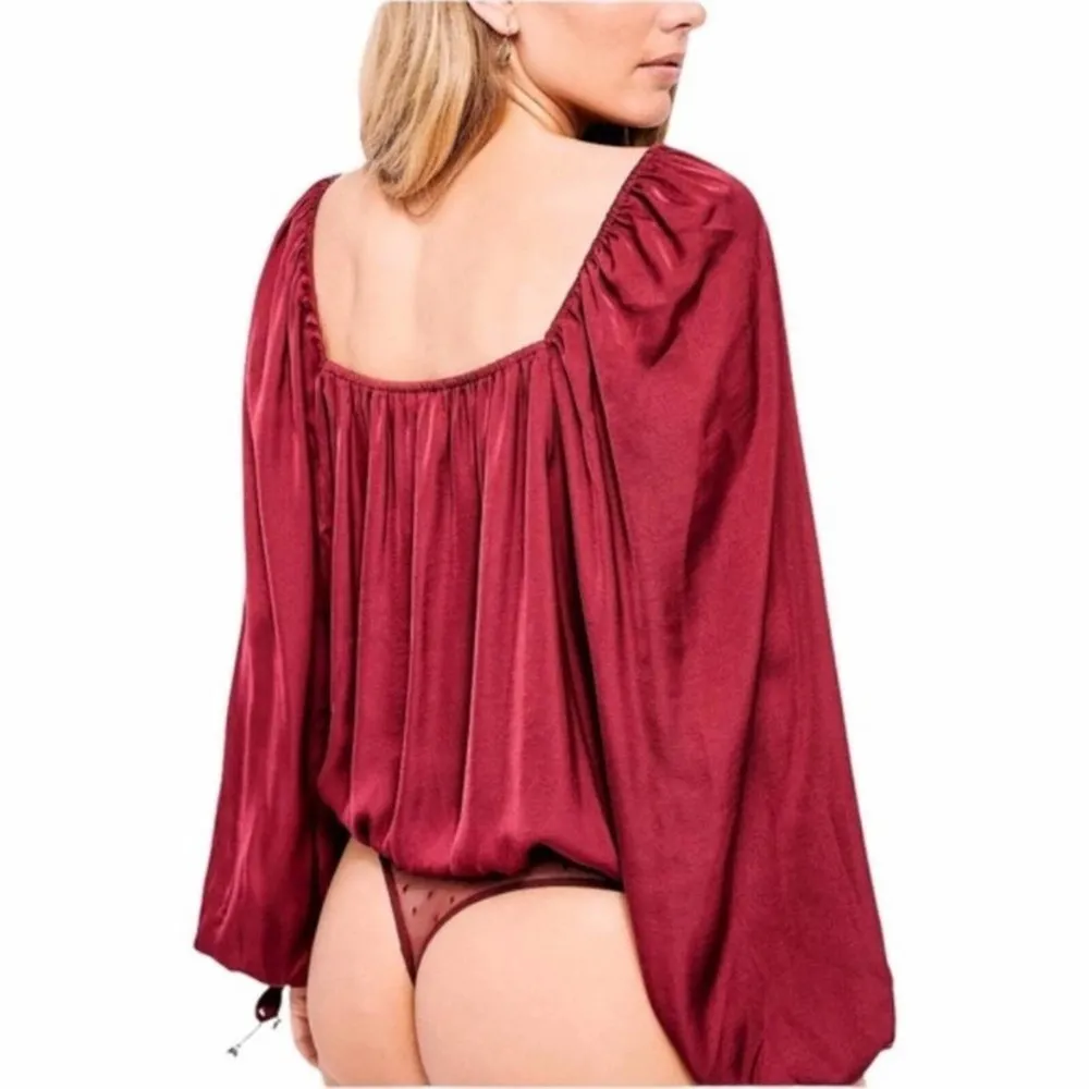 Free People Red Burgendy Wine Flowy Boho Silky Long Sleeve Boho Bodysuit - Image 3
