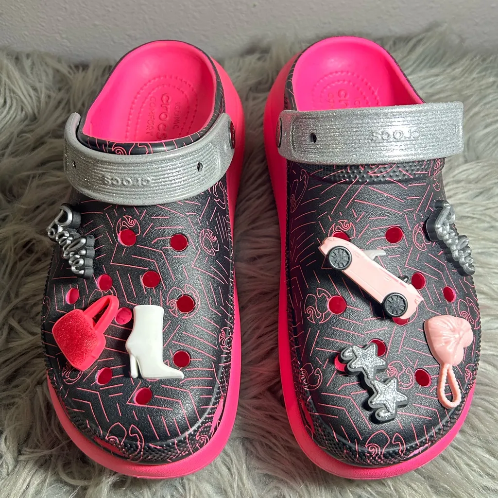 Crocs Barbie Limited Edition Classic Crush Clogs Pink Silver Clogs Charms Size 9 - Image 4