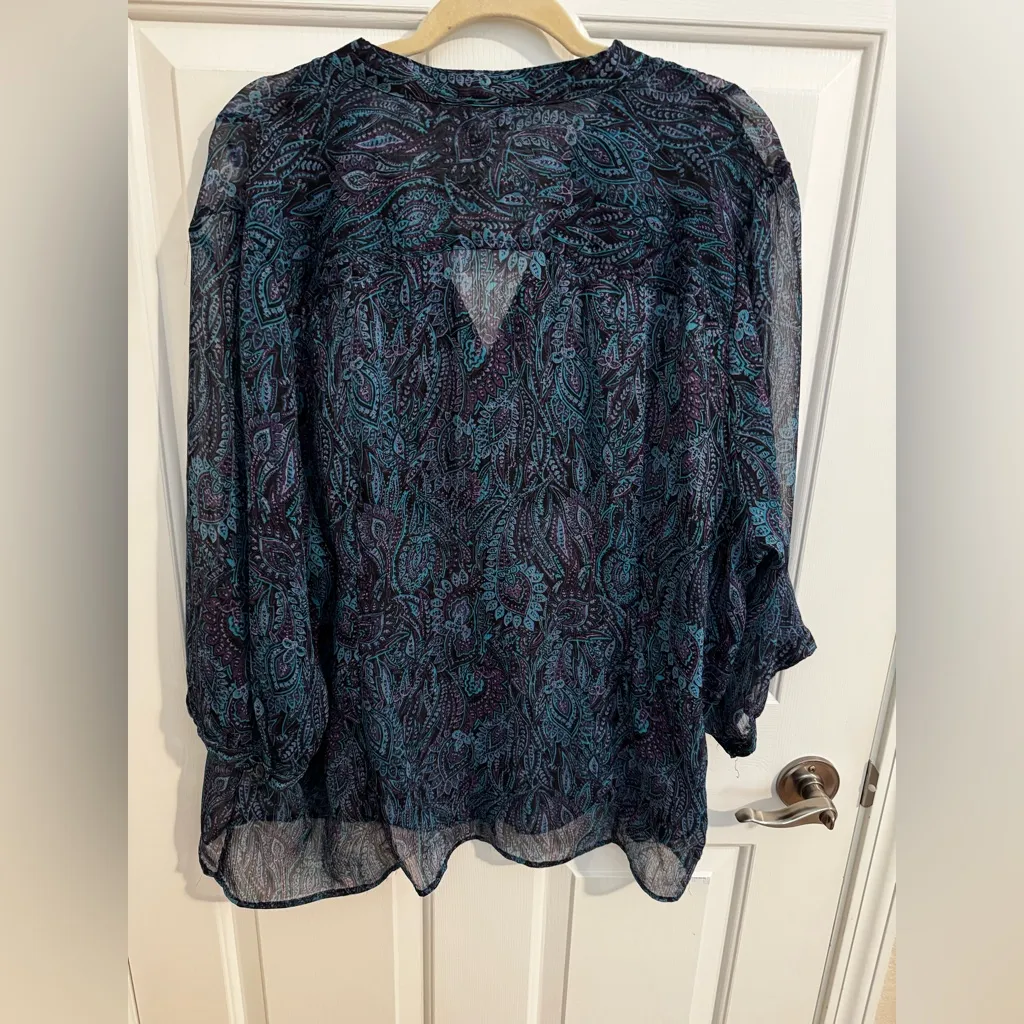 CJ Banks Christopher & Banks Semi Sheer Purple Blue Paisley Blouse Plus Size 3X - Image 9