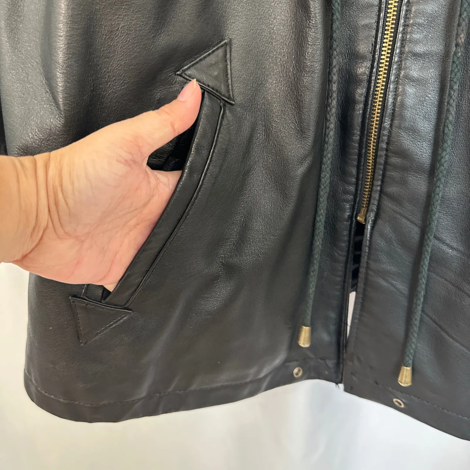 Vintage Middlebrook Park Genuine Leather Hooded‎ Jacket Drawstring Black Large - Image 5