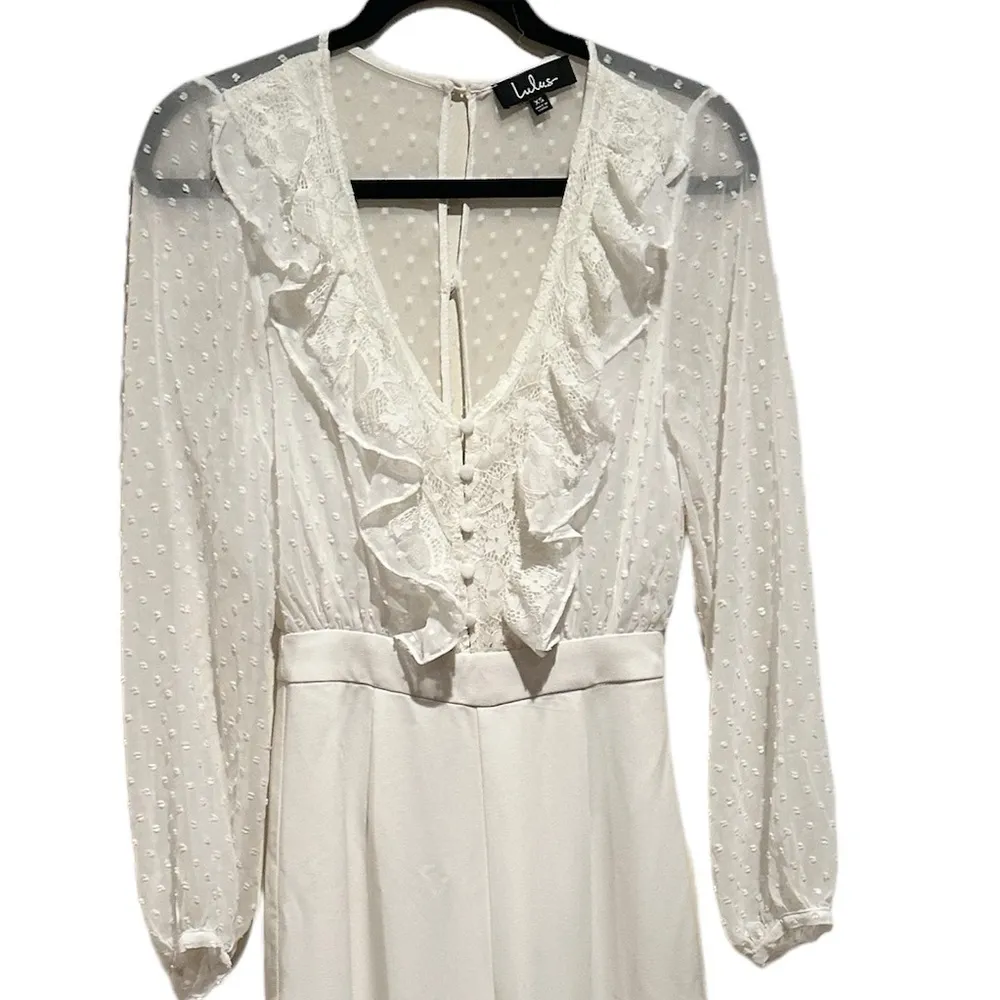 LULU’S CLAREESE ONE PIECE JUMPSUIT LACE IVORY LONG SLEEVE XS - Image 4
