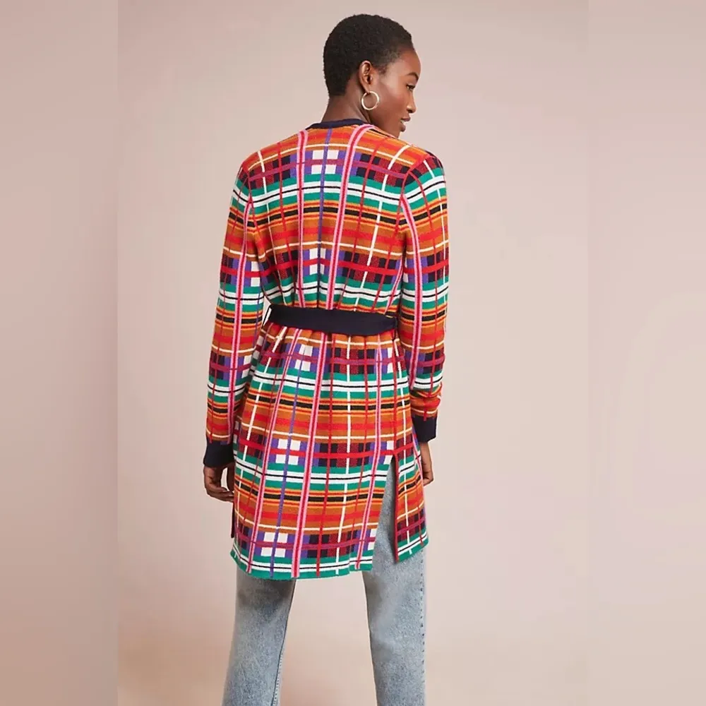Anthropologie Moth Williston Plaid cardigan colorful knit tie waist coat sweater Red Size M - Image 6