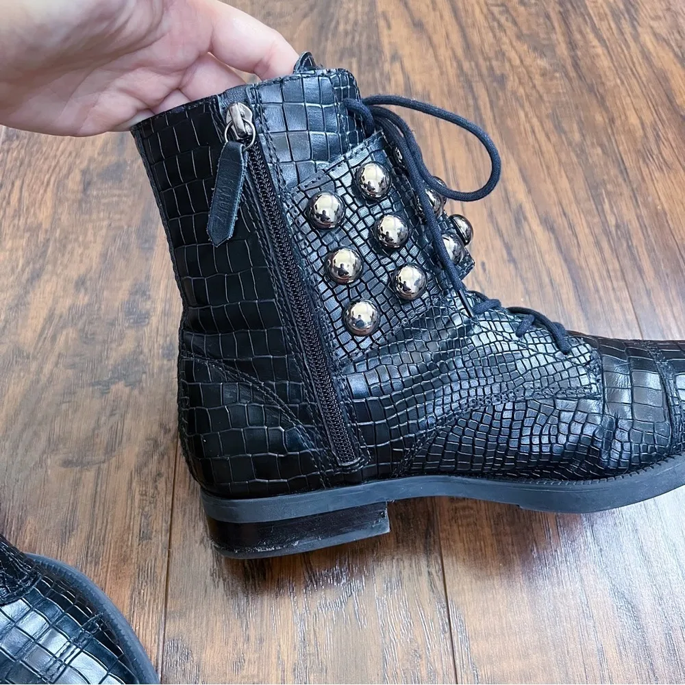 SCHUTZ • Marieta Studded Bootie ankle boot black croc embossed lace up combat - Image 9